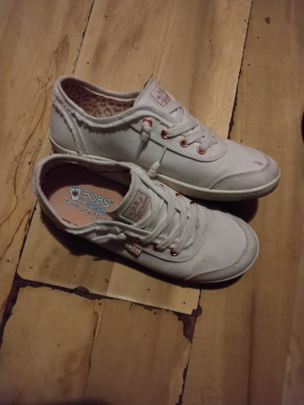 Skechers Bobs White Canvas Sneakers with Rose Gold Eyelets